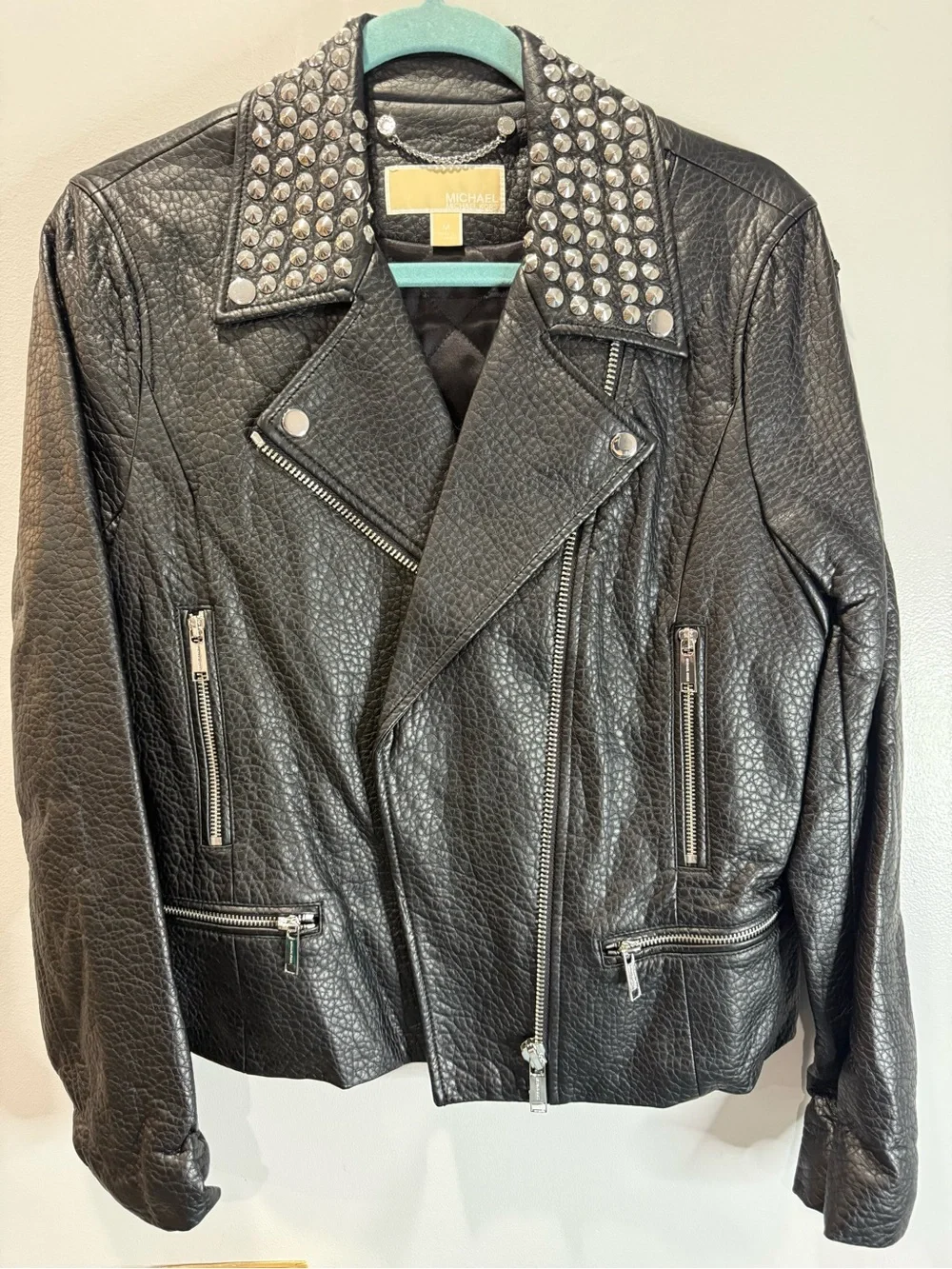 Michael Kors Black Studded Collar Pebbled Leather Moto Jacket
